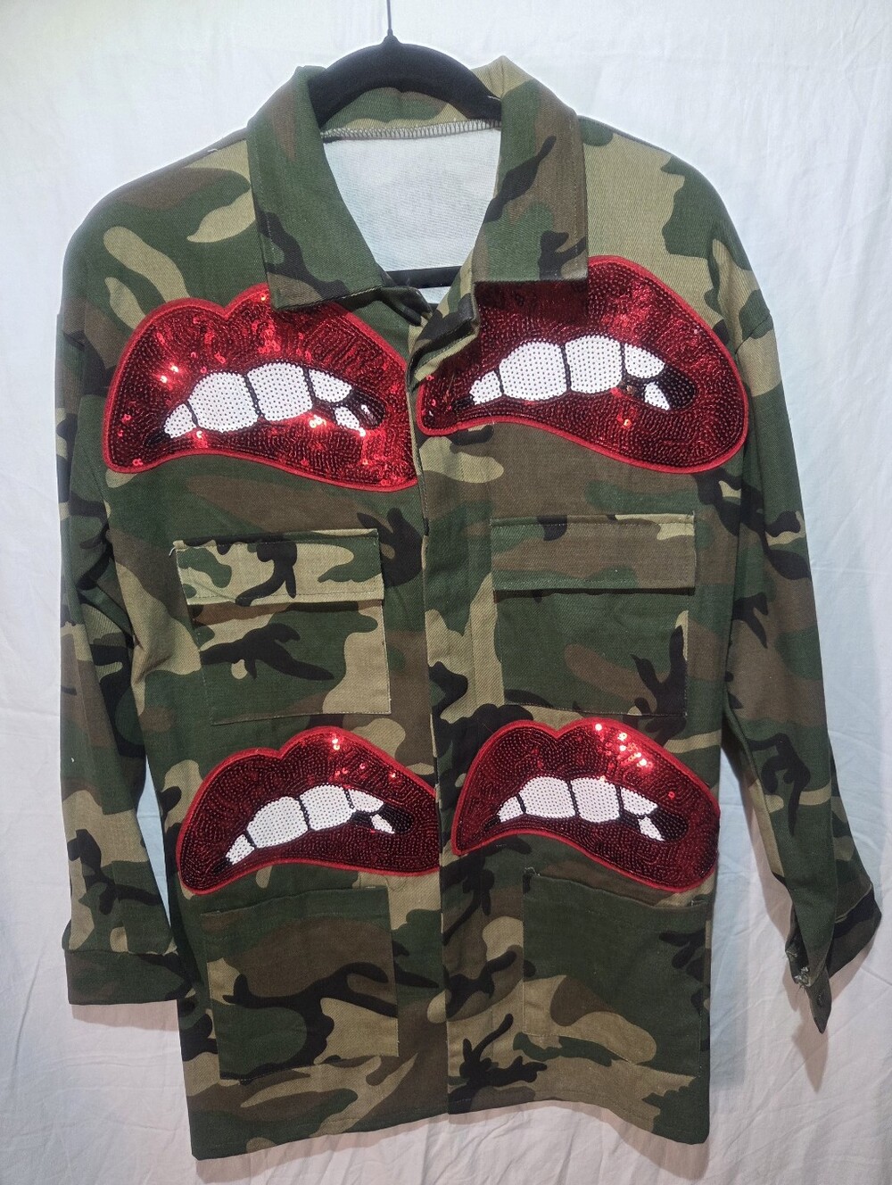 Camo Jacket with Red Sequin Lips - Picture 3 of 10